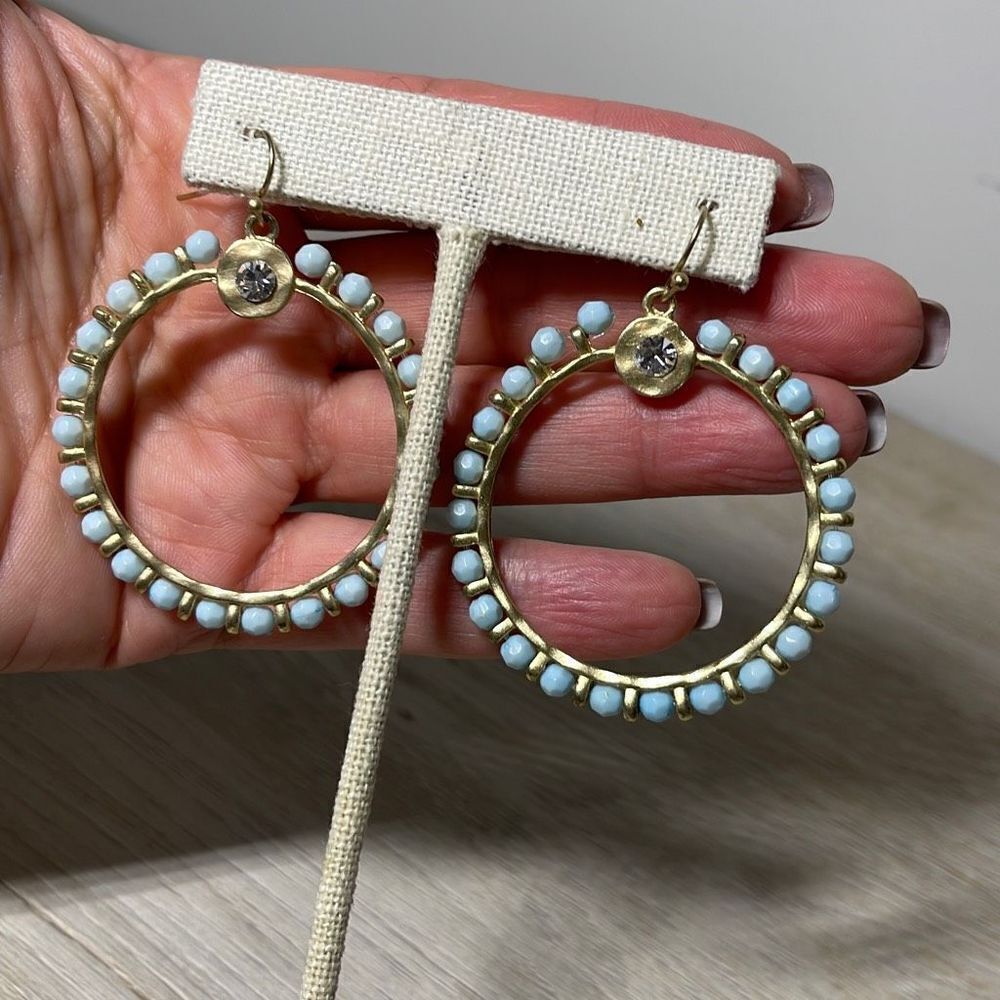 Hoop Earrings. Gold plated w/beads‎ and Center Crystal . - Picture 2 of 4